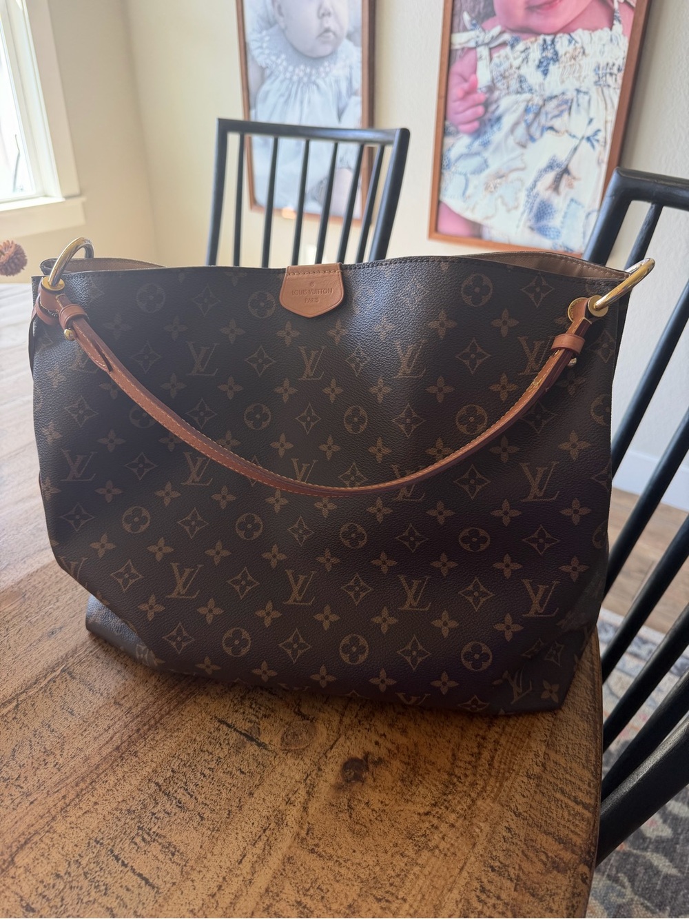 Louis Vuitton Monogram Canvas Shoulder Bag in Brown with Tan Trim